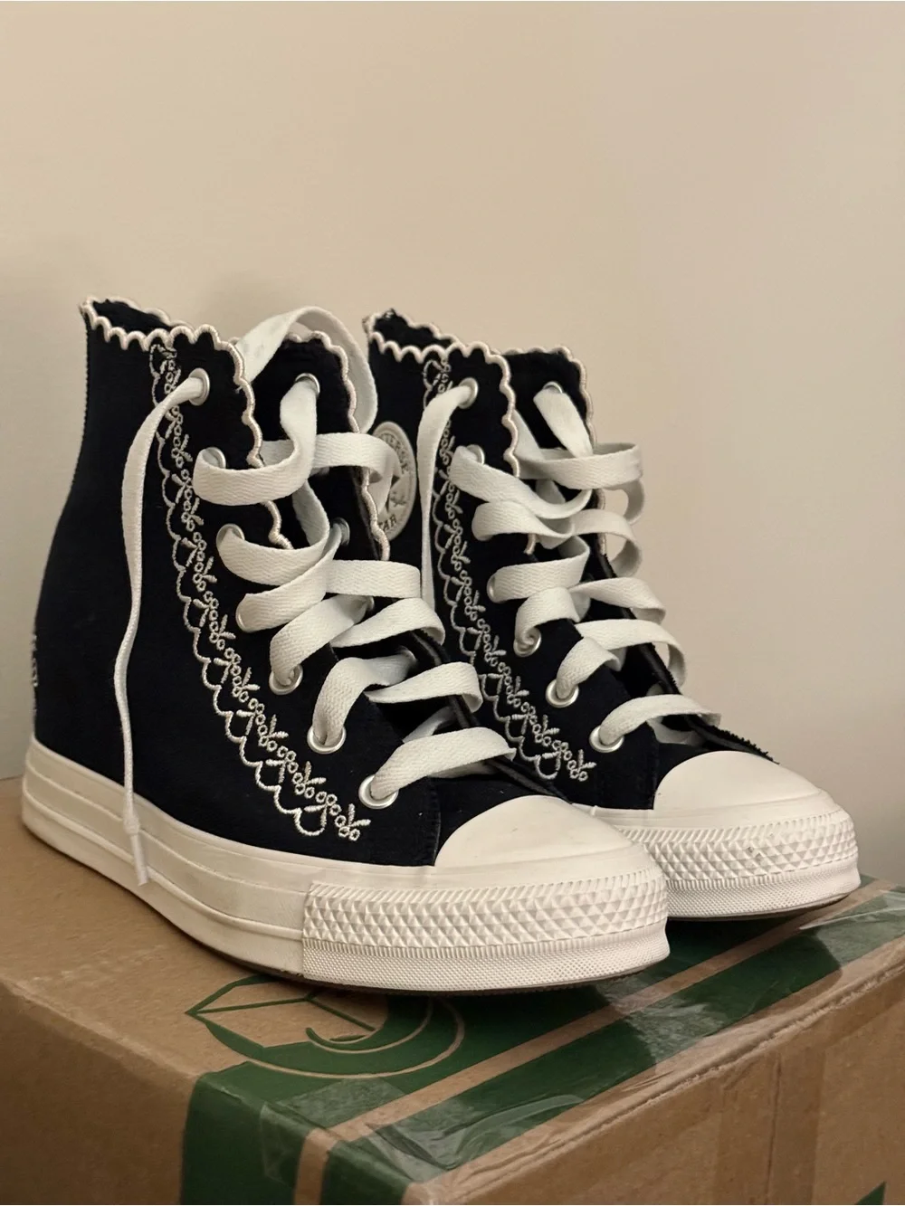 Black High-Top Canvas Sneakers with White Lace-Up and embroidery